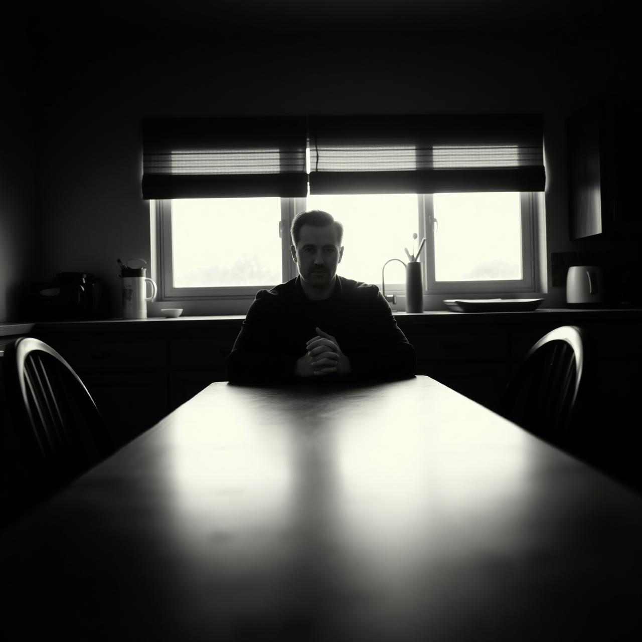 A man sits alone at a table in low light, hands clasped.